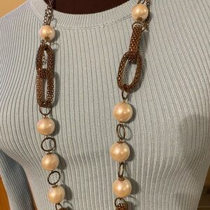 Necklace Vintage 18mm Pearl 40”  W/ Mesh  Metal Chain , With 1.6” Metal Rings